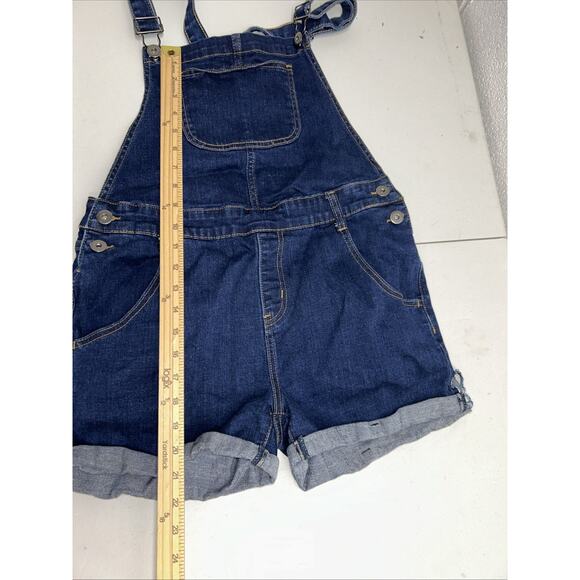 ModCloth Denim Shortall Overall Shorts Womens Medium Blue Stretch Cuffed Bibs E1 - Picture 8 of 13